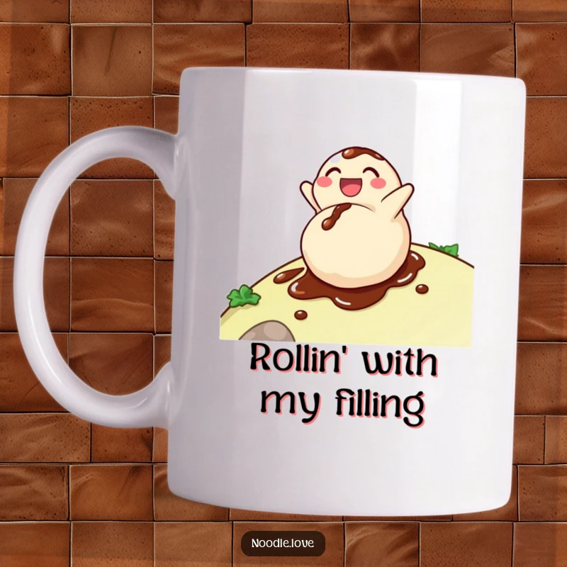 Funny dumpling mug with a delighted character rolling down a hill, covered in soy sauce, celebrating delicious chaos.