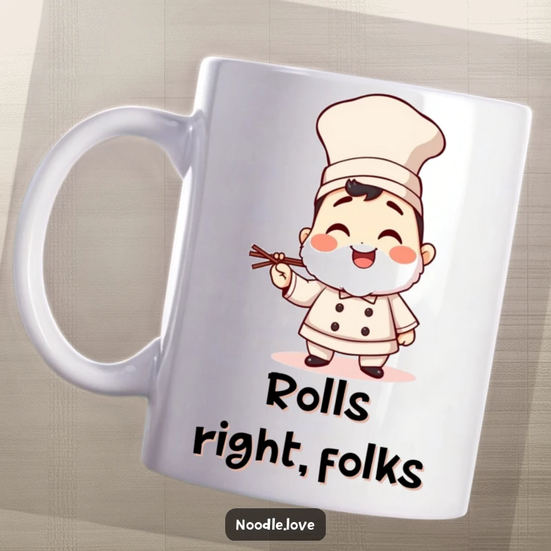 Funny sushi chef character giggling, wearing a tall hat and holding chopsticks, ready to serve up smiles and delicious humor.