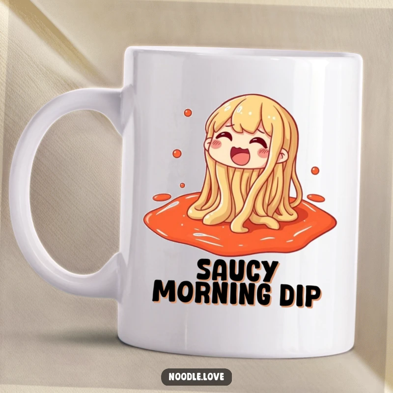 Funny mug featuring a noodle character gleefully splashing with joy in a puddle of sauce.