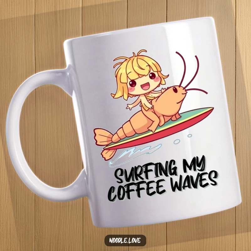 Funny mug with a giggling noodle character gleefully riding a giant shrimp like a surfboard, embodying pure joy and adventure.