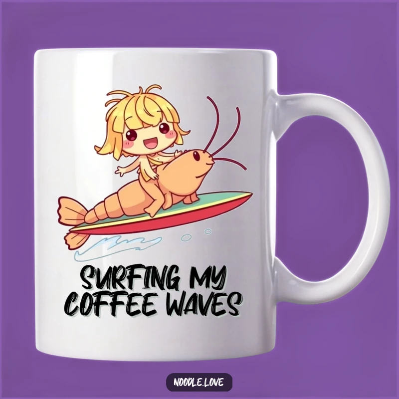 Funny Noodle Shrimp Surf Mug: Giggling Surfer Character Gift