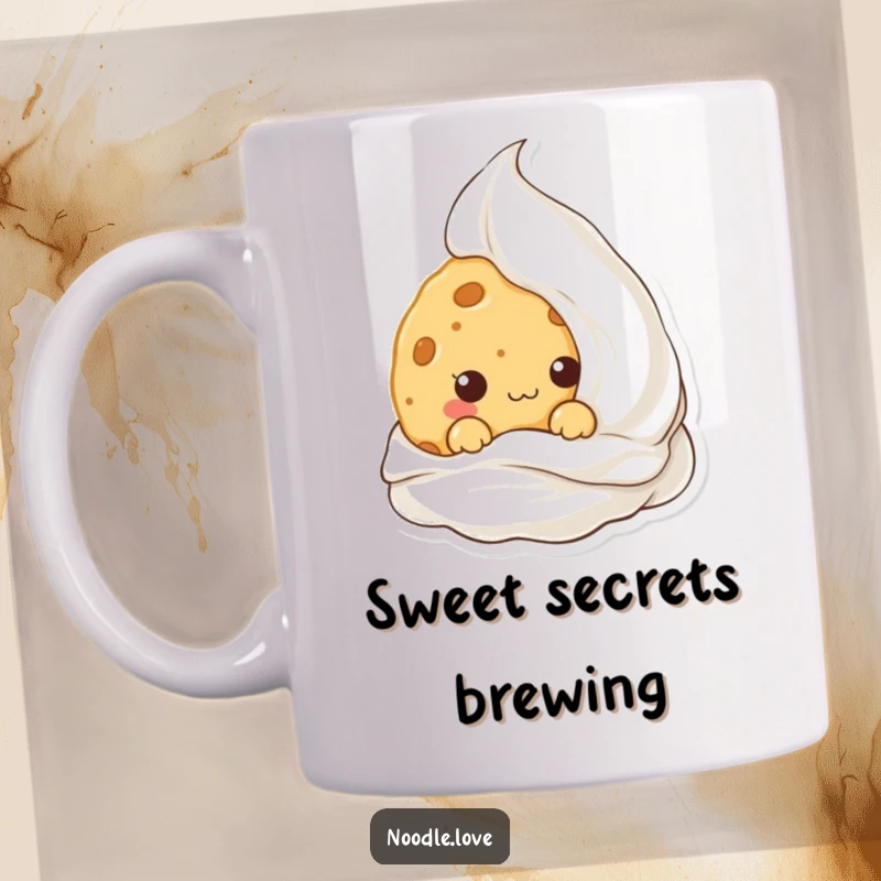 Funny Kawaii cookie character peeking mischievously from behind a fluffy dollop of cream, embodying sweet, hidden fun.