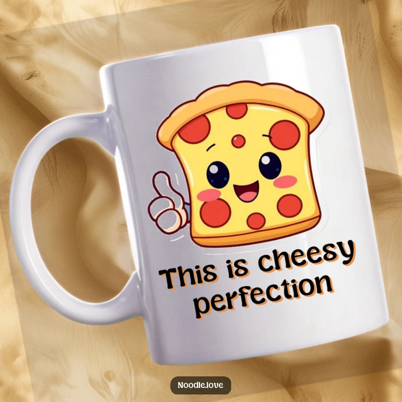 Funny Kawaii pizza slice character enthusiastically giving a thumbs up, printed on a mug, symbolizing happiness and deliciousness.
