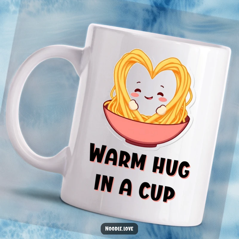 Funny Spaghetti Heart Mug: A playful spaghetti character forms a heart shape in a bowl, symbolizing love for pasta, a funny food gift.