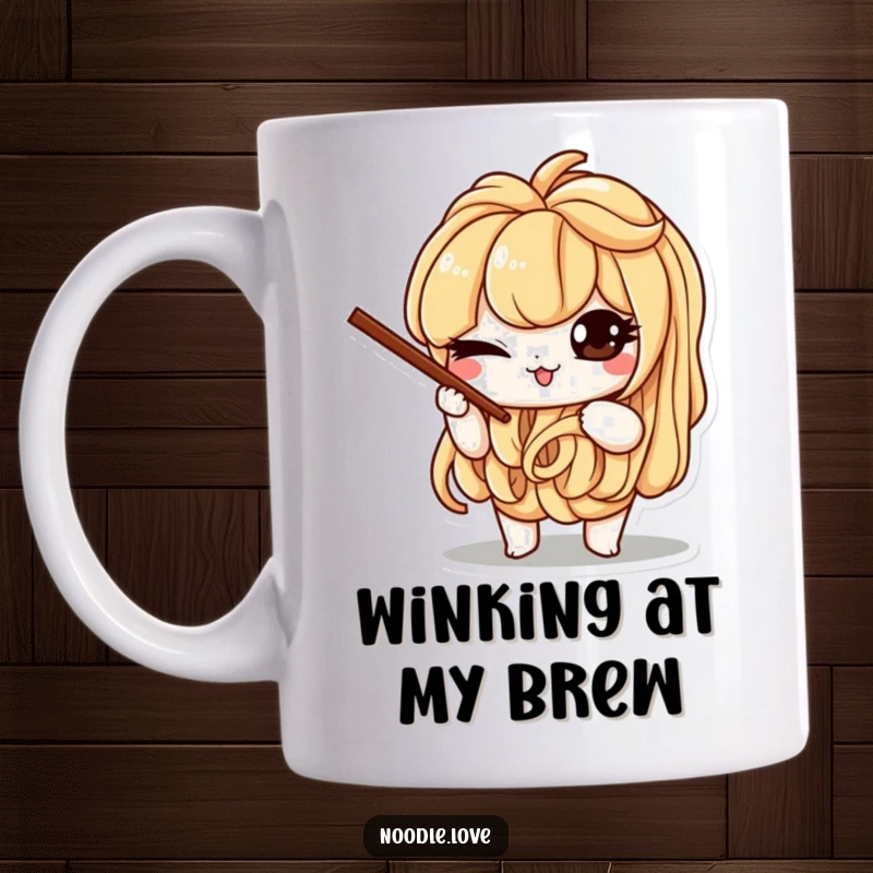 Funny mug with a mischievous noodle character winking playfully while expertly balancing tiny chopsticks, exuding culinary charm.