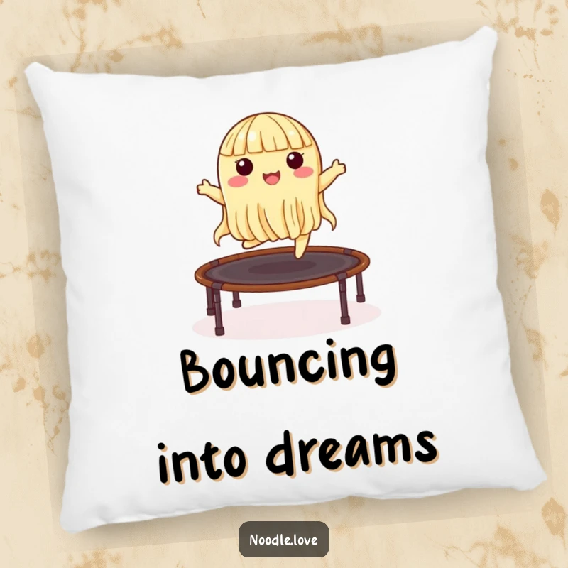 Funny pillow showing a joyful noodle character bouncing on a nori trampoline, bringing comfort and humorous vibes to any space.