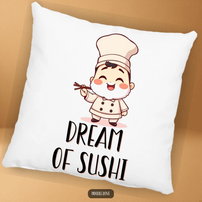 Funny giggling sushi chef character pillow, complete with a tall hat and chopsticks, offering plush comfort and culinary charm.