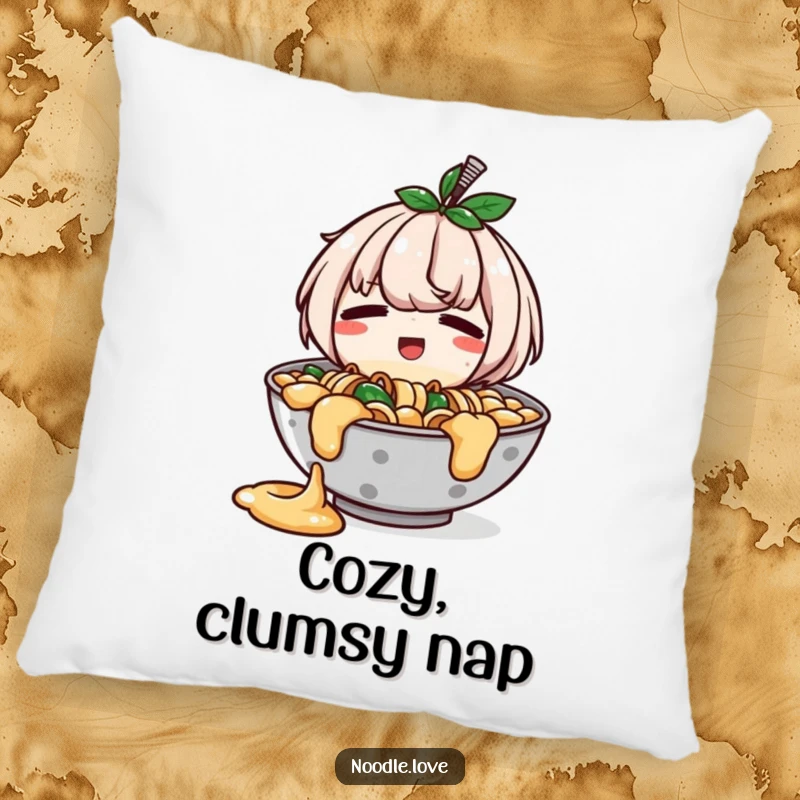 Funny pillow featuring a ramen bowl character with a slight, happy spill, looking endearingly embarrassed, perfect for cozy humor.