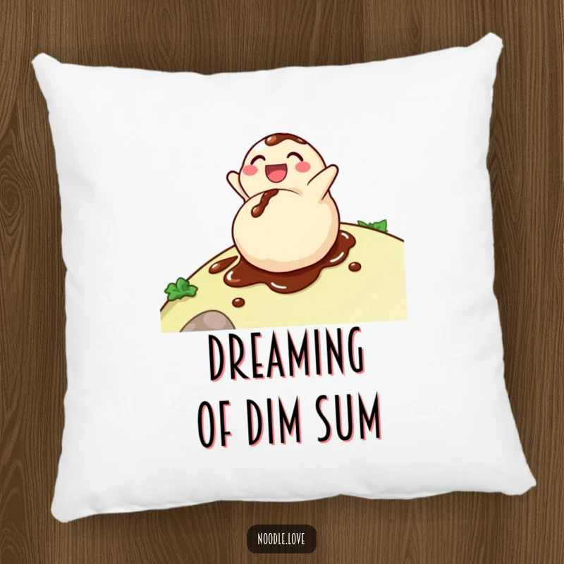 Funny dumpling pillow with a delighted character rolling down a hill, covered in soy sauce, for cozy comfort and a humorous accent.