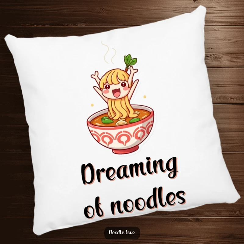 Funny pillow featuring a cute noodle character excitedly jumping from a steaming bowl of ramen broth, adding a playful touch to décor.