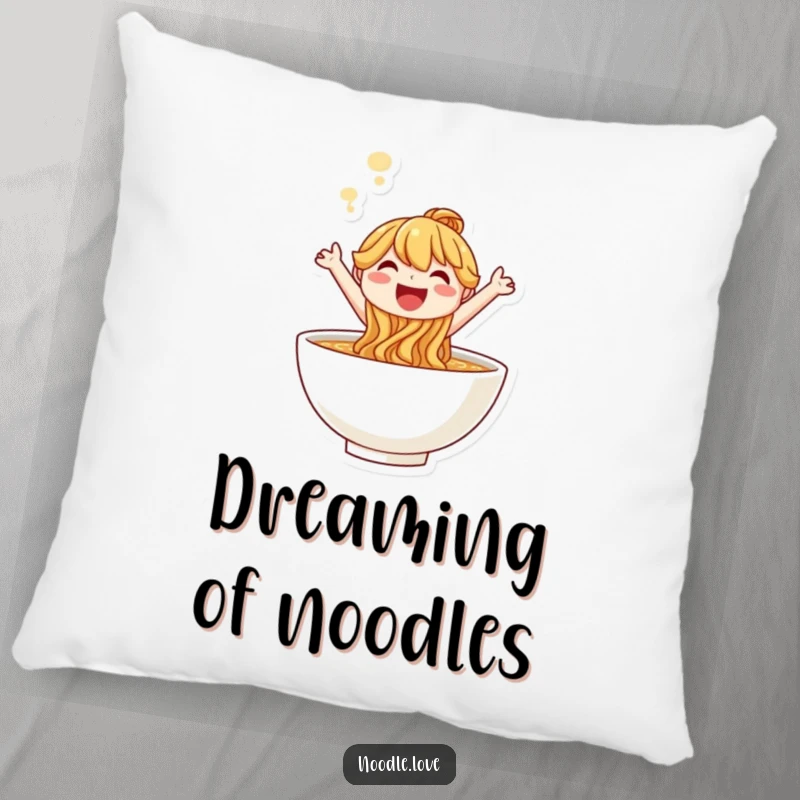 Funny smiling noodle character leaping joyfully from a steaming bowl, plush and happy pillow.