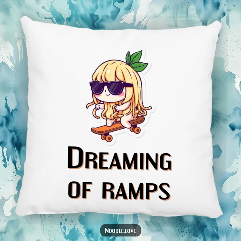 Funny pillow featuring a cool noodle character in sunglasses riding a tiny skateboard, offering a touch of humor and comfort.