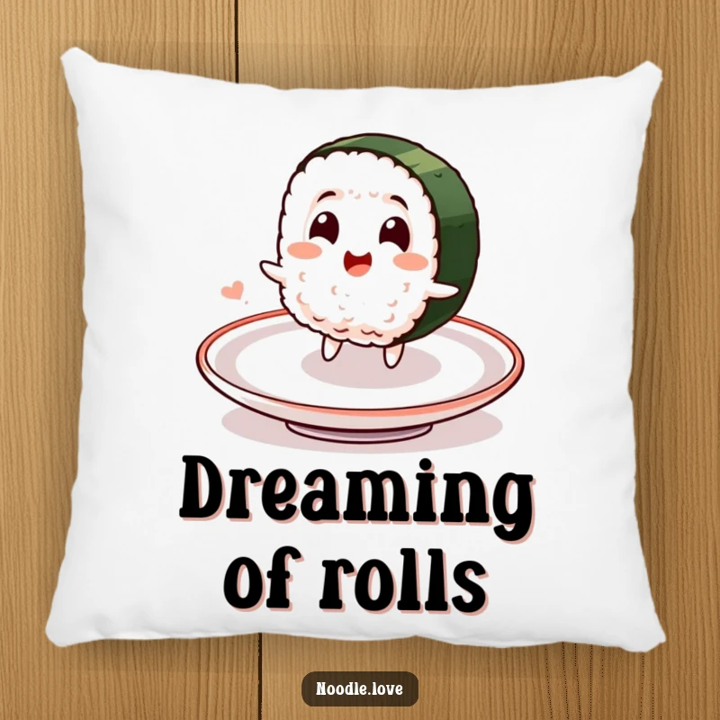 Funny pillow featuring a smiling sushi character delightedly spinning on a plate, designed for cozy and humorous appeal.