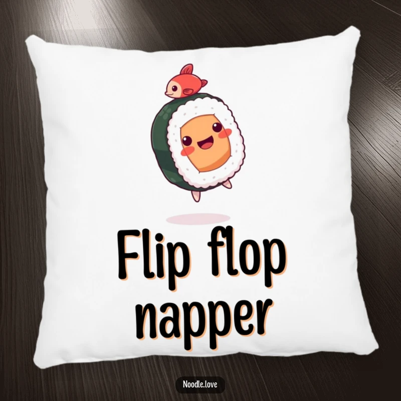 Funny Sushi Pillow: A soft pillow featuring a happy sushi roll character doing a backflip with a tiny fish.
