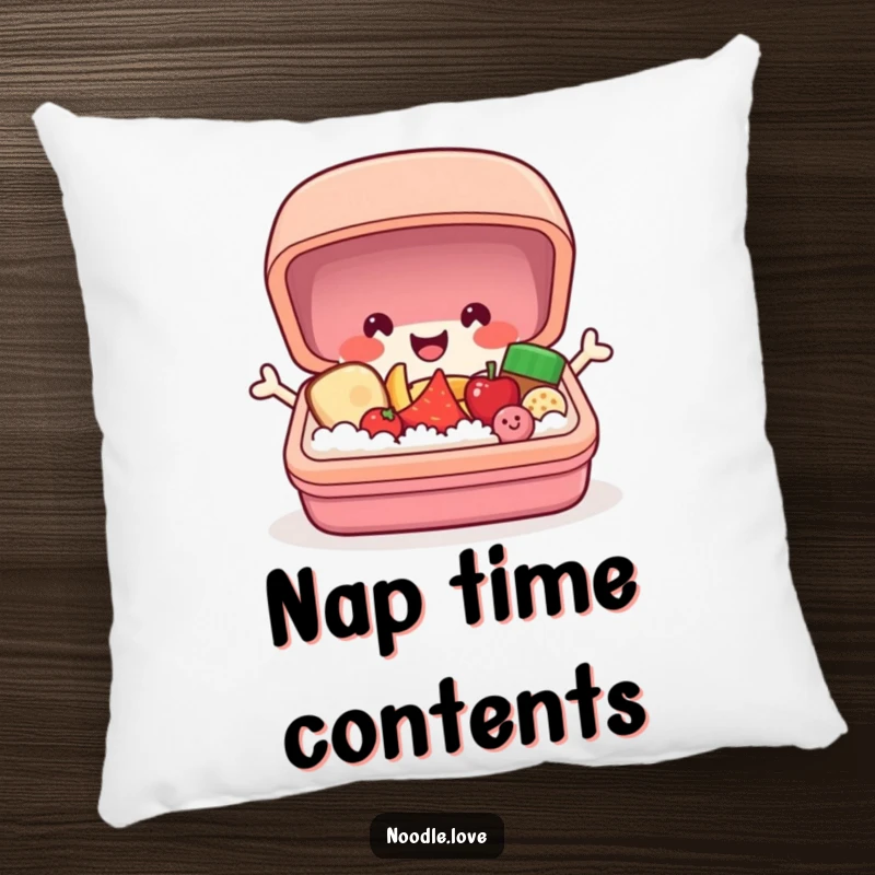 Funny bento box pillow with a cheerful character popping open to reveal smiling tiny food, offering cozy comfort and a humorous accent.