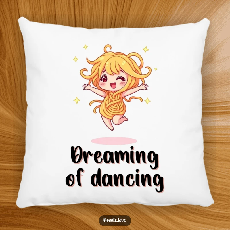 Funny pillow featuring a noodle character dancing and twirling with sparkles. Cozy, joyful, and a perfect funny gift.