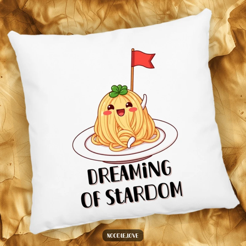 Funny Noodle Pillow: A beaming noodle on a plate, waving a small flag, perfect for comforting foodie dreams.
