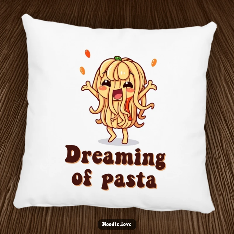 Funny Noodle Pillow: A noodle character dancing with artistic sauce, offering comfort and food-themed humor, perfect for funny gifts.