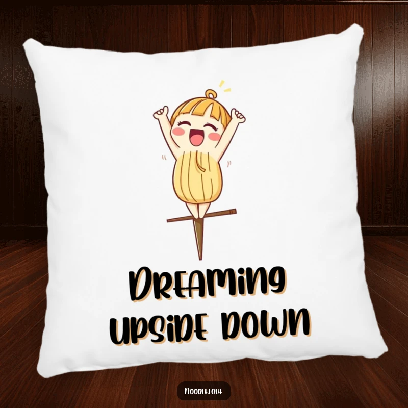 Funny pillow showcasing a noodle character excitedly doing a headstand on a chopstick, soft and huggable.