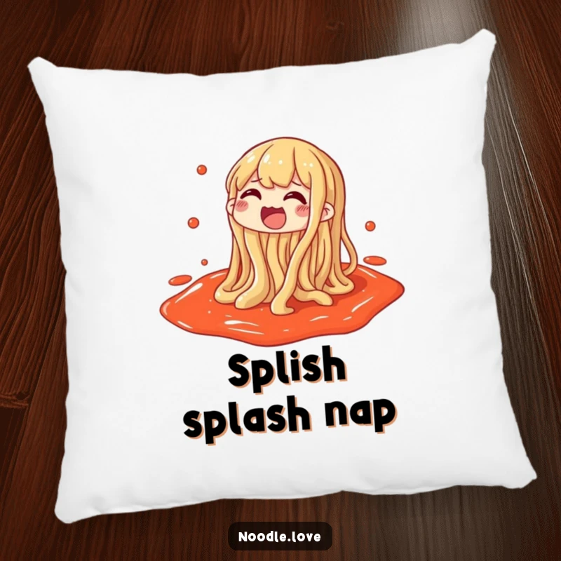 Funny pillow showcasing a noodle character gleefully splashing in a puddle of sauce, soft and huggable.