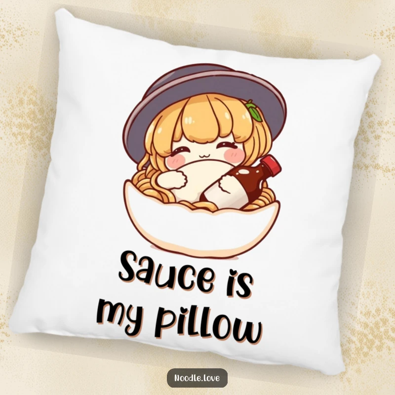 Funny noodle pillow with a content character snuggling a tiny soy sauce bottle as a pillow, offering comfort and a dose of food-themed relaxation.