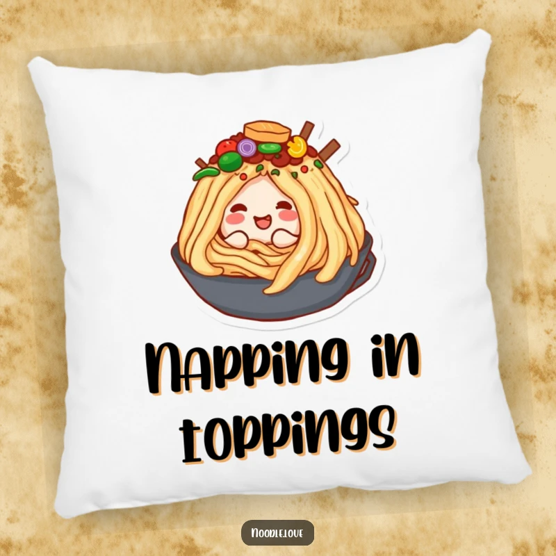 Funny decorative pillow with a smiling noodle character happily burrowing deep within a plush, colorful mountain of appetizing food toppings.