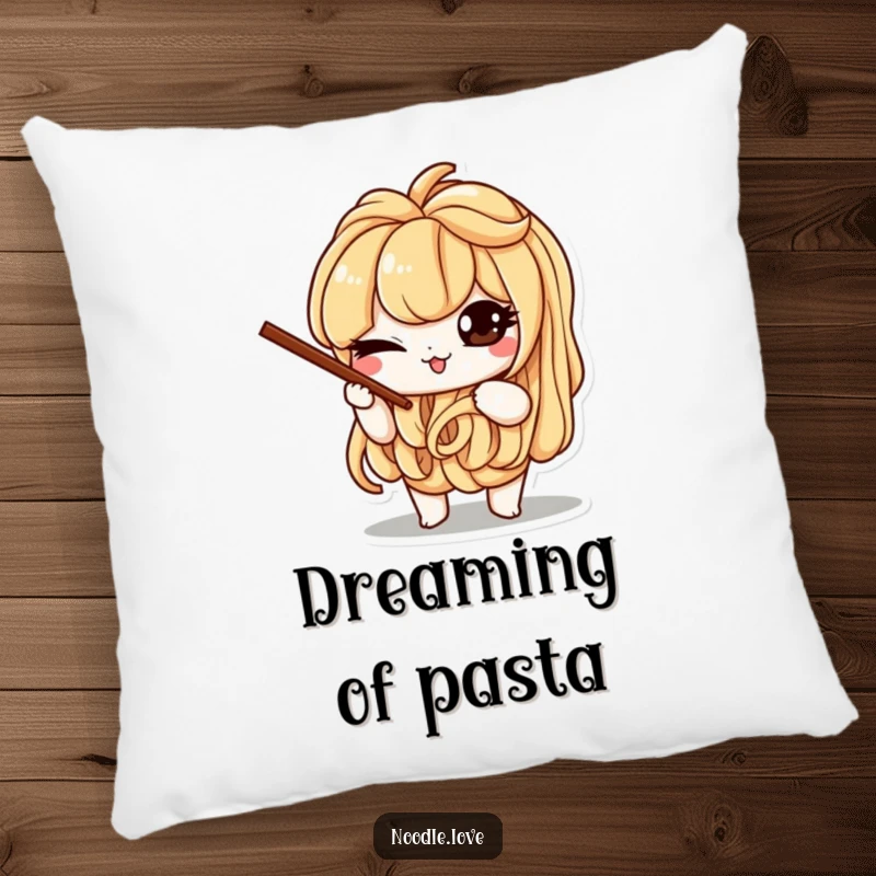Funny pillow featuring a mischievous noodle character winking and balancing chopsticks, providing comfort and a touch of noodle humor.