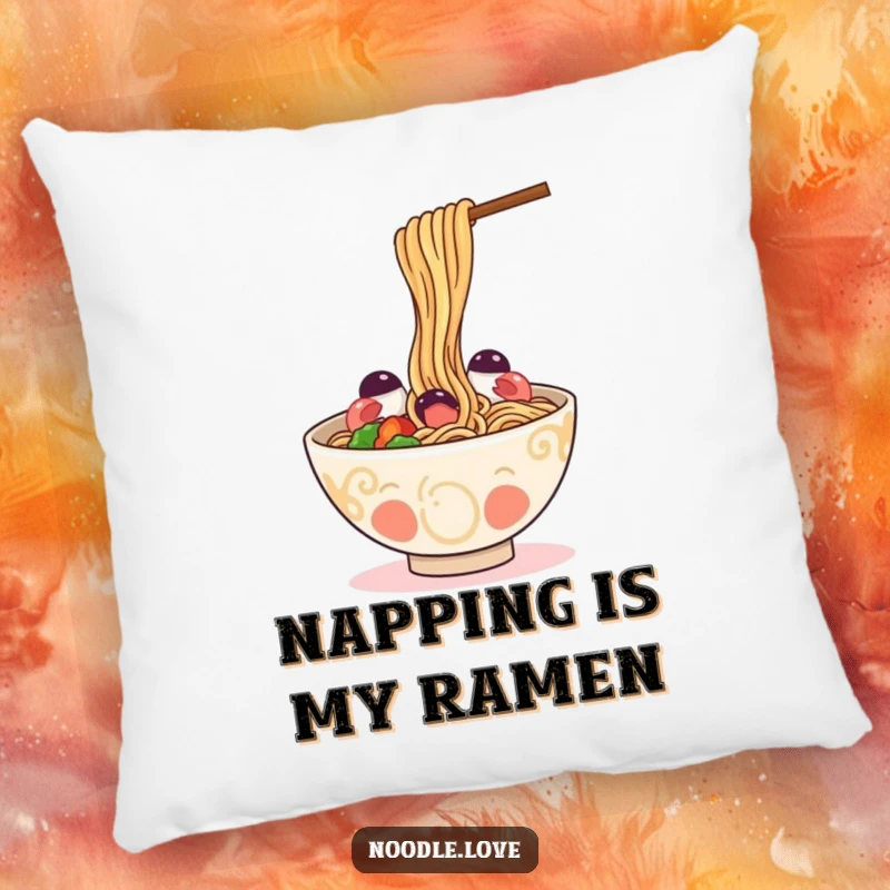 Funny Pillow: a happy ramen bowl playfully slurping its own noodles, offering comfort and noodle-themed humor.
