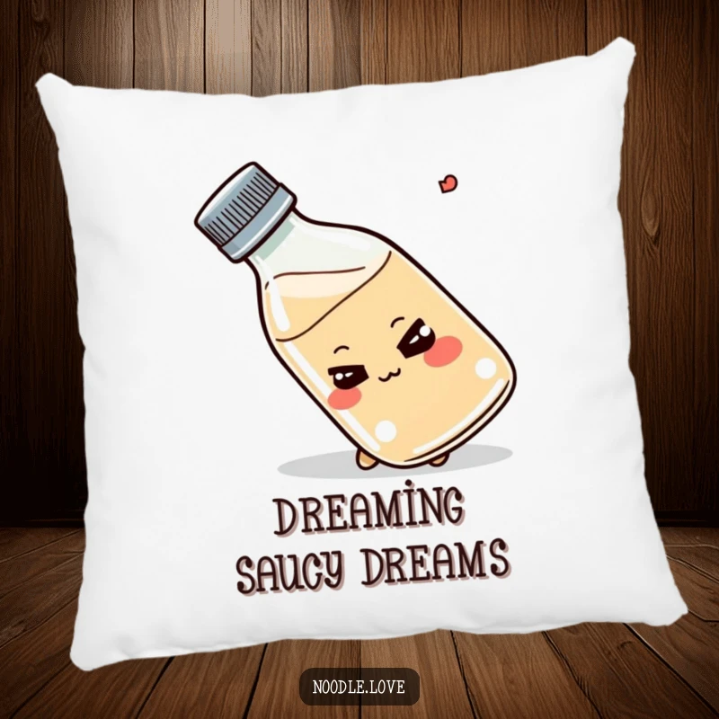 Funny Shoyu bottle pillow, smirking, tipping playfully, cute kitchen decor, foodie comfort, perfect funny gift.