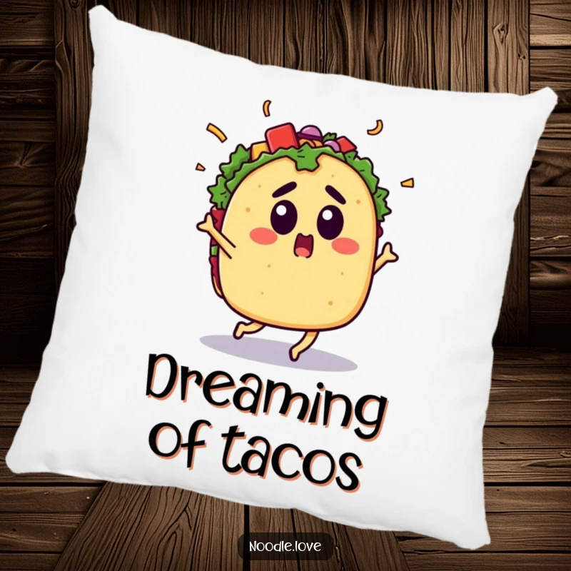 Funny Surprised Taco Pillow: A soft cushion with a surprised taco dancing energetically, adding funny fiesta vibes to any room, a great gift.