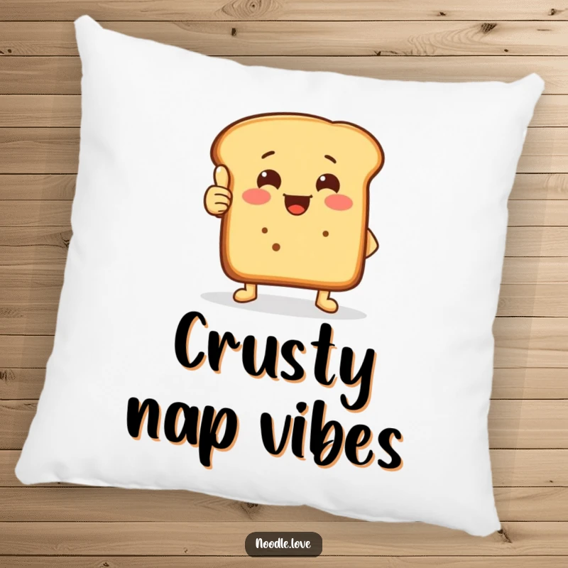 Funny thumbs-up bread pillow featuring a cute bread loaf with tiny feet offering a warm crusty thumbs-up.