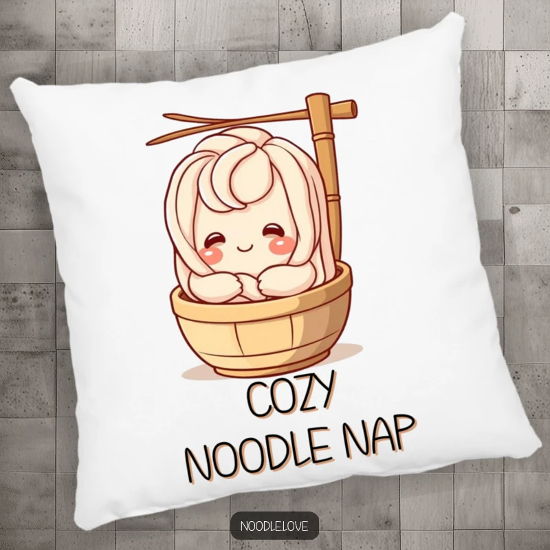 Funny udon noodle character smiling and hugging a bamboo steamer, a soft and humorous accent pillow for comfort and laughs.
