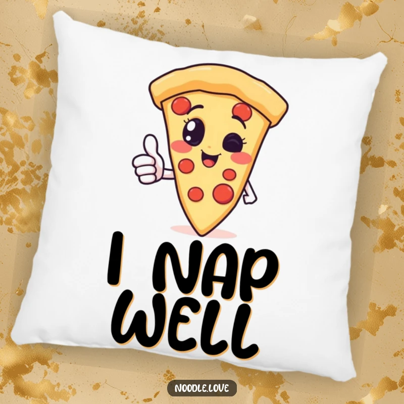 Funny pizza slice character pillow giving a thumbs up, offering plush comfort and a cheerful, cheesy accent for relaxation.