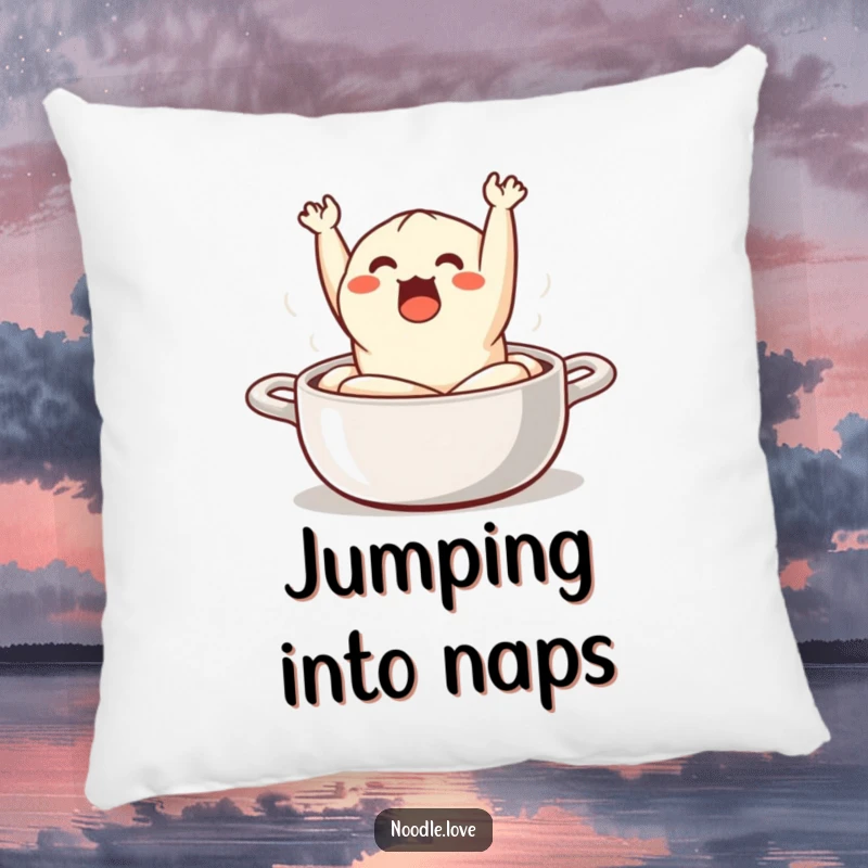 Funny Pillow: a surprised dumpling comically jumping out of a steaming pot, offering comfort and dumpling-themed humor.