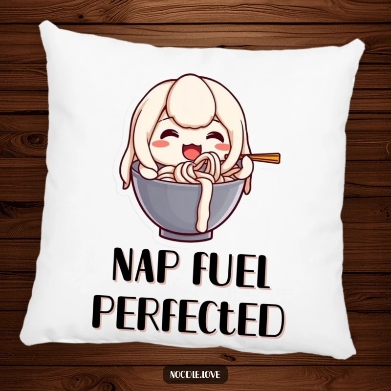 Funny pillow featuring a happy anthropomorphic udon noodle character joyfully slurping itself, designed for maximum comfort.