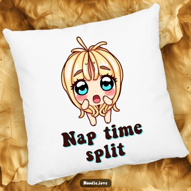 Funny pillow featuring a surprised noodle character splitting in half, with wide, shocked eyes, bringing a touch of food-related humor.
