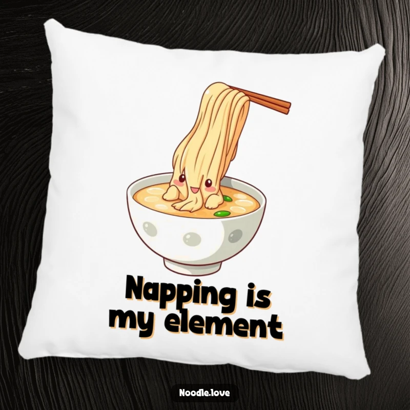 Funny Noodle Dive Pillow, depicting a noodle character in mid-dive towards a bowl of savory broth, perfect for cozy relaxation.
