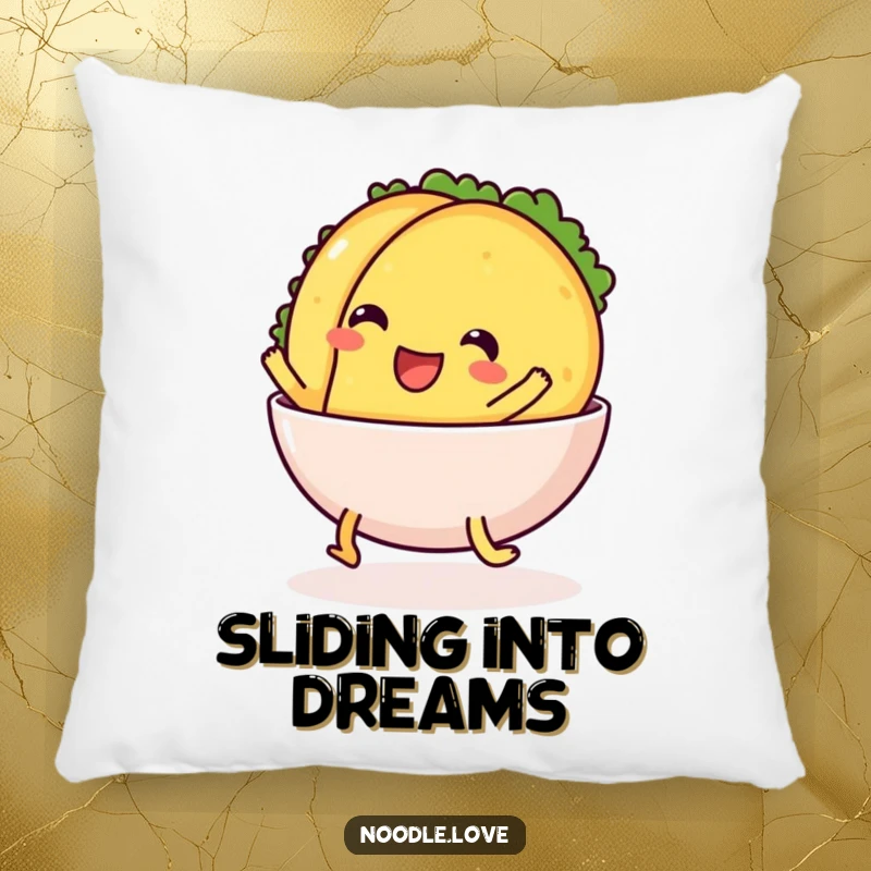 Funny Pillow: a cheerful taco with legs comically sliding into a bowl, offering comfort and taco-themed humor.