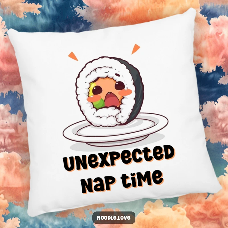 Funny sushi roll pillow with a surprised character yelping while rolling off a plate, offering comfort and a dose of food-themed humor.