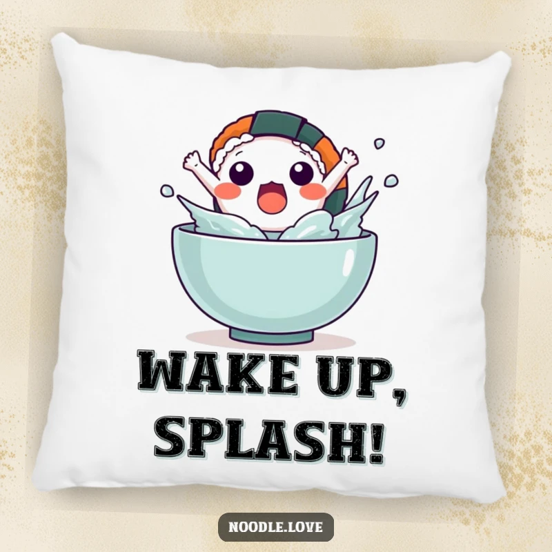 Funny Kawaii sushi character leaping out of a bowl with a splash, printed on a plush pillow.