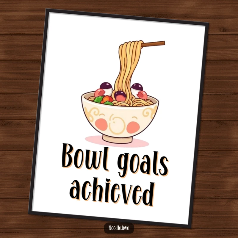 Funny Digital Art: a happy ramen bowl playfully slurping its own noodles, perfect for whimsical wall decor.