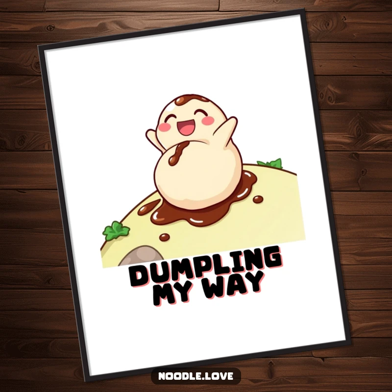 Funny dumpling digital art print featuring a delighted character rolling downhill, covered in soy sauce, perfect for adding playful food humor.