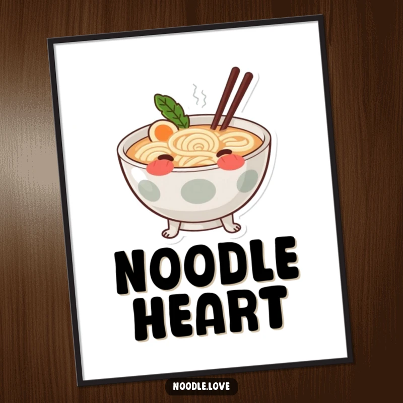 Funny blushing ramen digital art print of a cute ramen bowl with tiny noodle legs, blushing shyly.