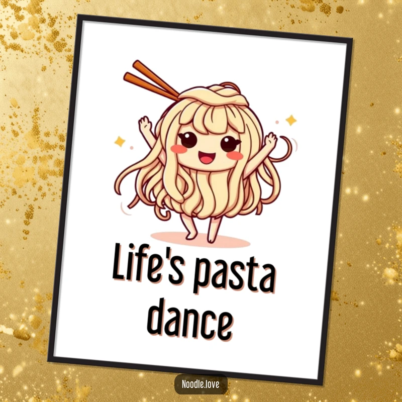 Funny Digital Art: a smiling noodle character with eyes dancing energetically with chopsticks, perfect for lively wall decor.
