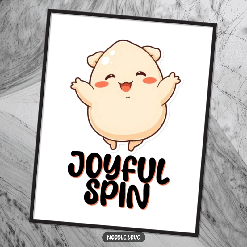 Funny dumpling dancer digital art print of a delighted dumpling with short legs happily spinning like a cartoon character.