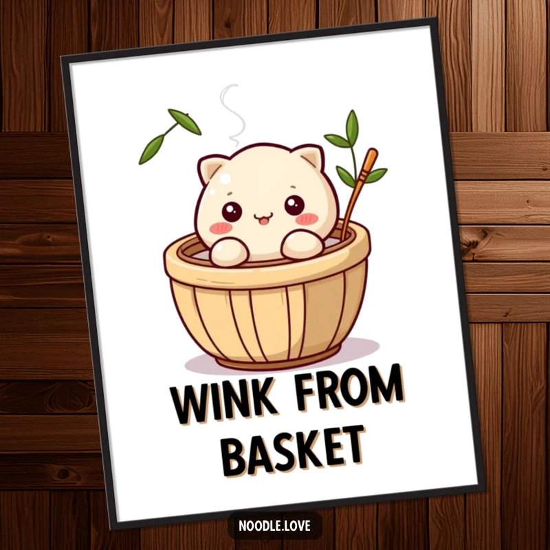 Funny digital art print of a cute dumpling character winking from a steaming bamboo basket, perfect for adding instant humor to any space.