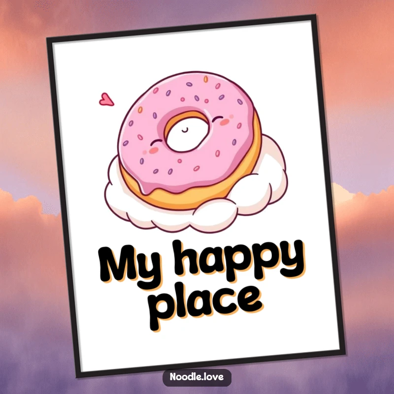 Funny Kawaii donut character sleeping soundly on a cloud, available as a high-resolution digital art print for instant humorous decoration.