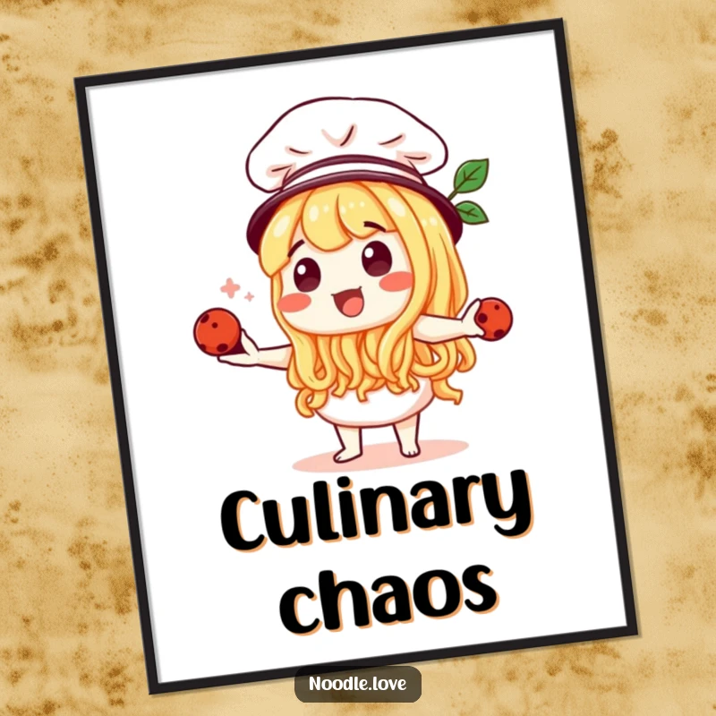 Funny Noodle Character Chef Juggling Meatballs Digital Art Print - Humorous culinary illustration, instant downloadable funny gift.