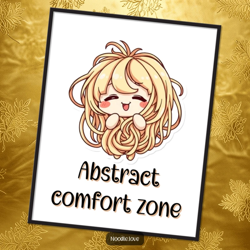 Funny digital art print of a noodle character amusingly tangled in its own spaghetti strands, radiating joy.