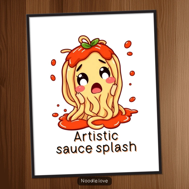 Funny Noodle Digital Art: A surprised noodle character wiggling with excitement and sauce splattering, full of fun.